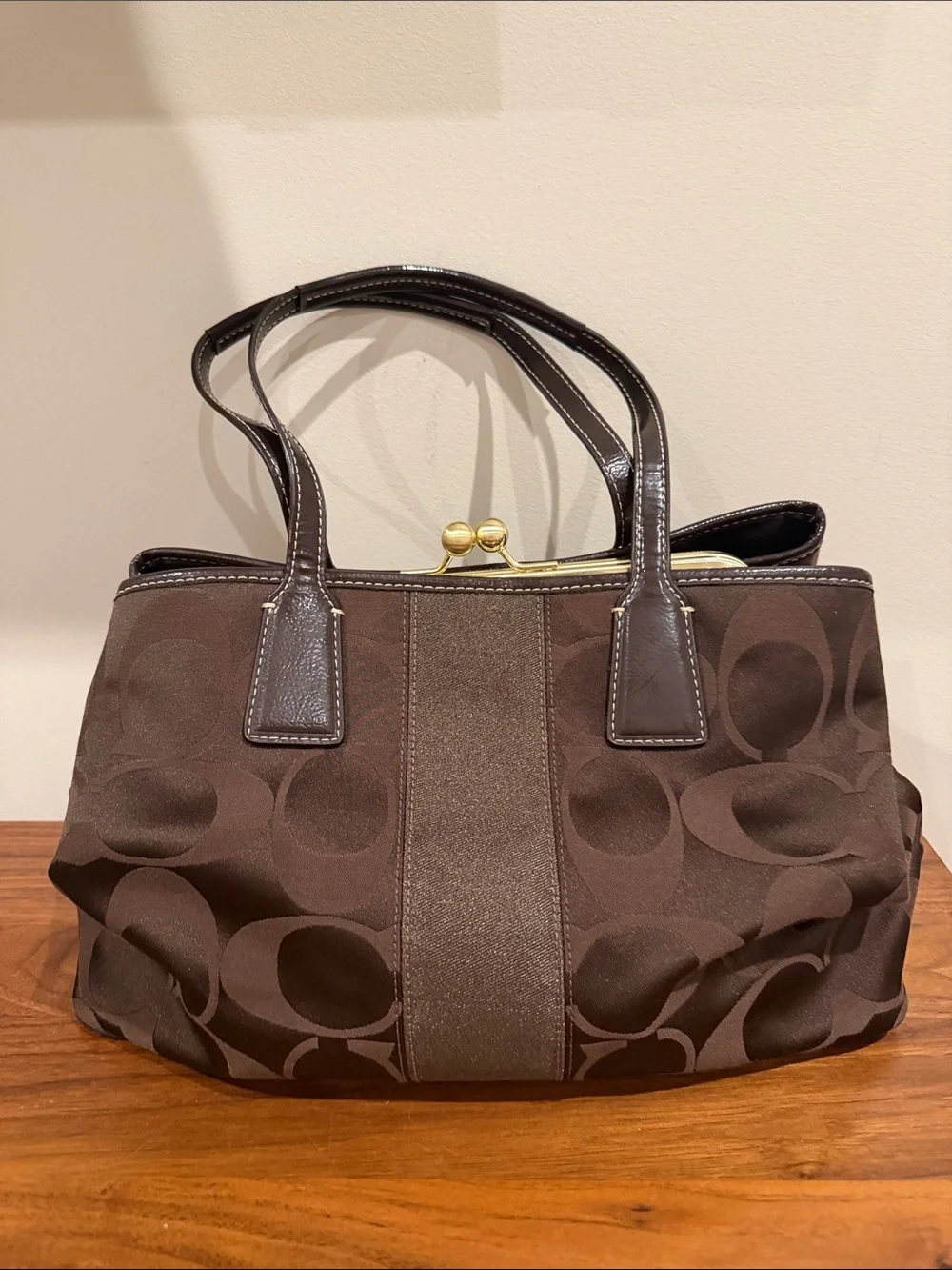 Coach F18036 Y2K Brown Signature Jacquard Kiss Lock Satchel with Gold Accents